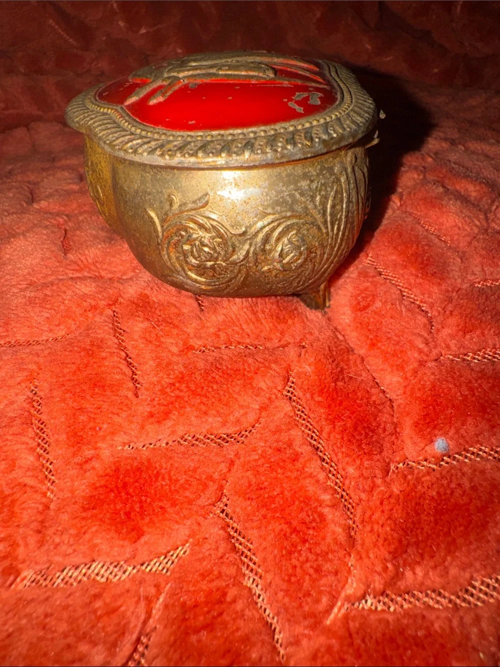Vintage Ornate Brass & Enamel Pegasus Trinket Box Red Velvet Lined Footed Casket